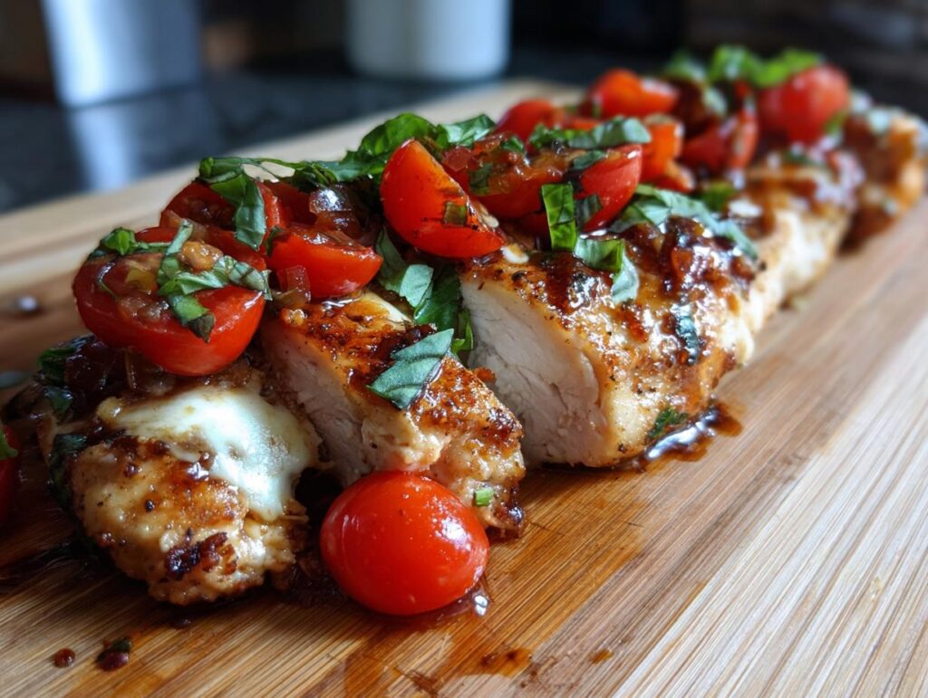 Close-up of a Bruschetta Chicken Bake, topped with tomatoes and basil, on a wooden board.