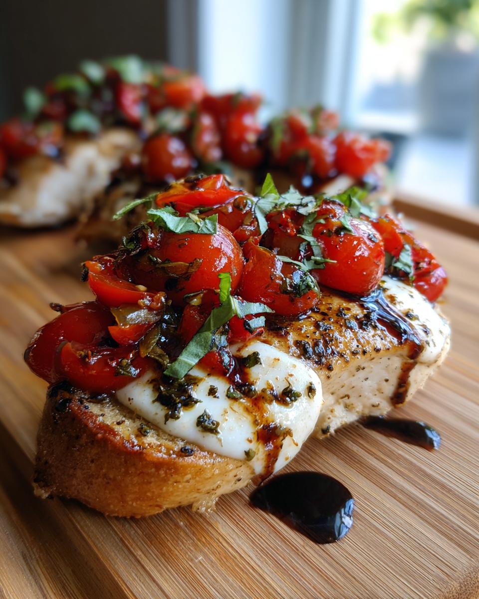 Close-up of a Bruschetta Chicken Bake with tomatoes, mozzarella, and basil on a wooden board.