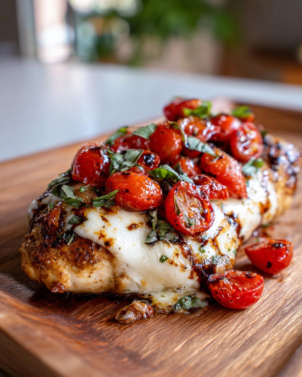 Close-up of a Bruschetta Chicken Bake with tomatoes, basil, and cheese on a wooden board.