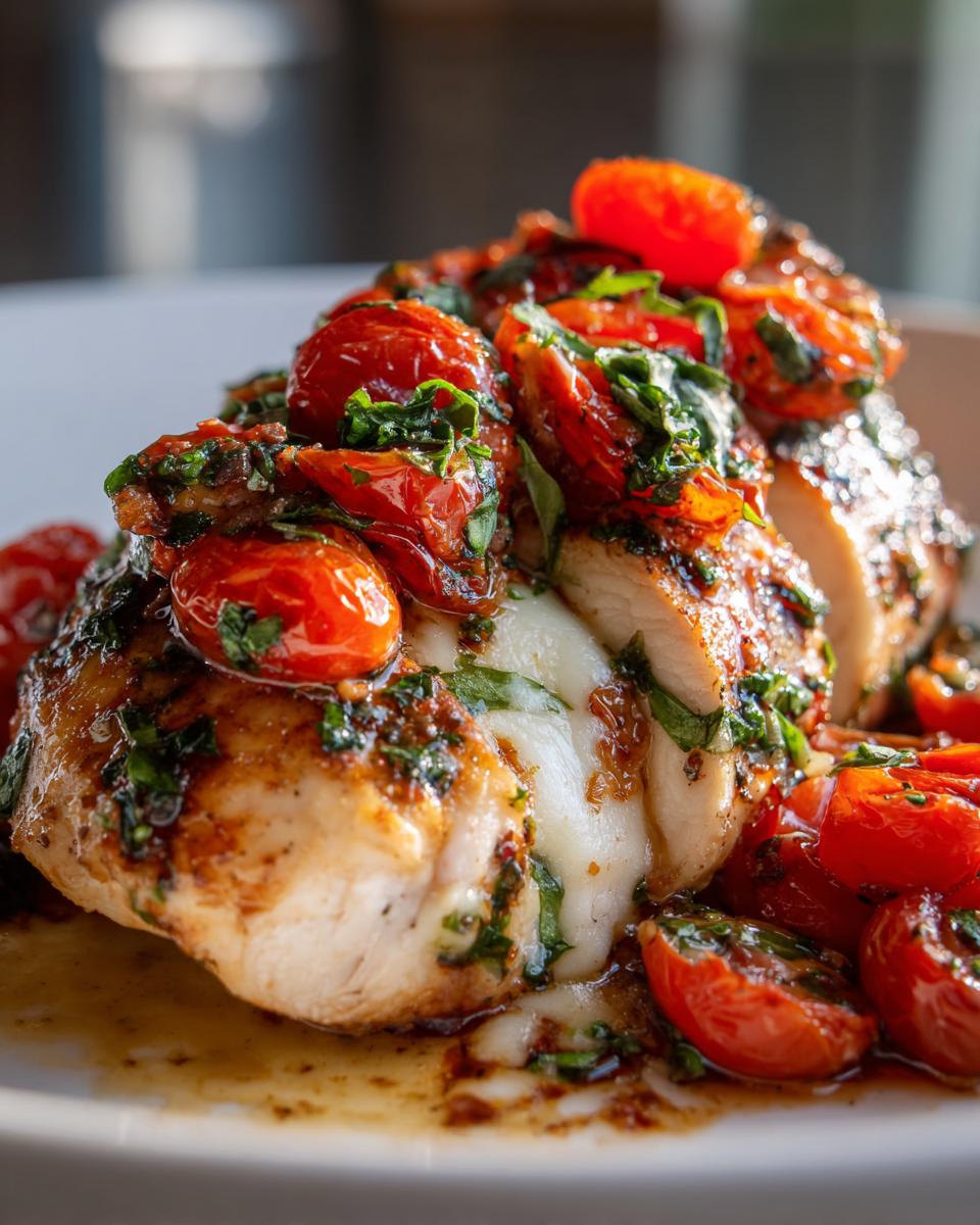 Close-up of a Bruschetta Chicken Bake with melted cheese and tomatoes.