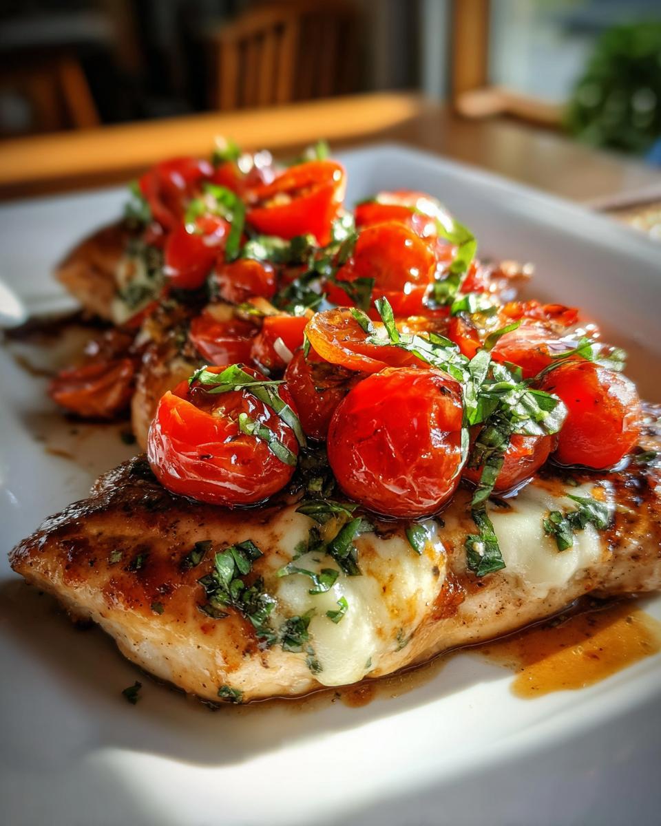 Close-up of a Bruschetta Chicken Bake with tomatoes, basil, and melted cheese.