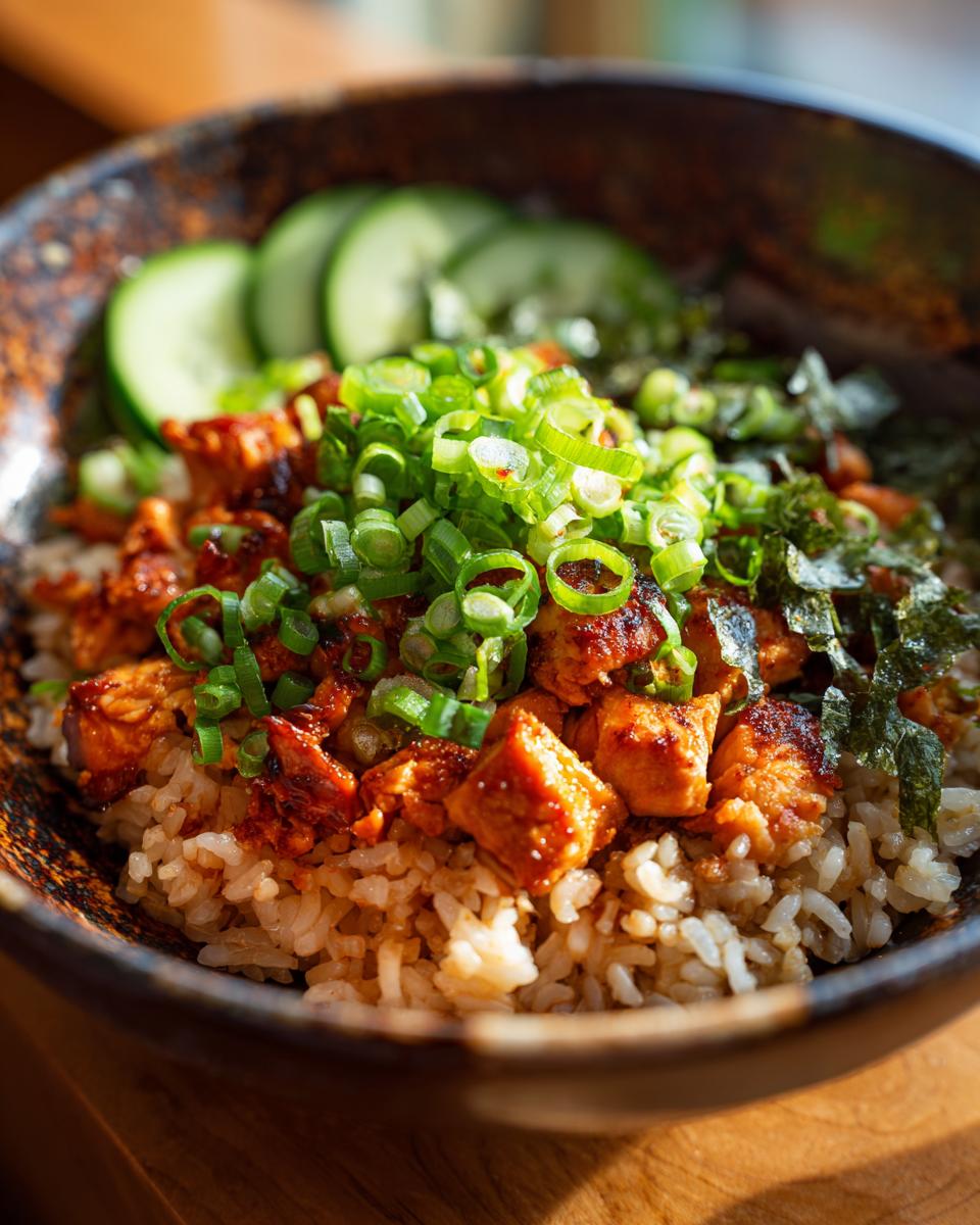 Close-up of a Buffalo Chicken Rice Bowl with rice, chicken, and green onions.