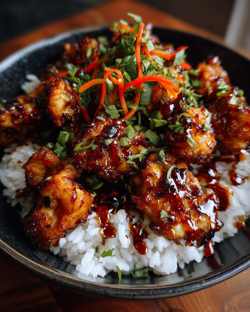 Close-up of a Buffalo Chicken Rice Bowl with chicken, rice, and fresh herbs.