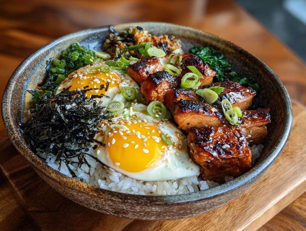 Close-up of a Buffalo Chicken Rice Bowl with fried eggs, chicken, and rice.