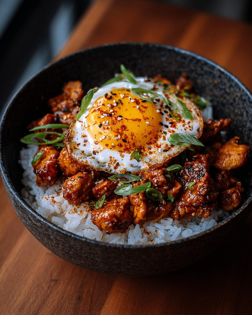 Close-up of a Buffalo Chicken Rice Bowl topped with a fried egg and green onions.