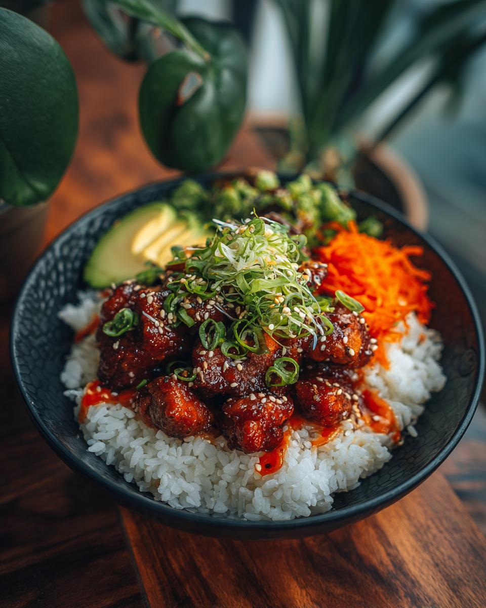 A vibrant Buffalo Chicken Rice Bowl with avocado, carrots, and green onions.
