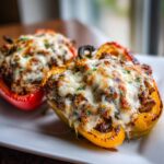 Two halves of Cheesesteak Stuffed Peppers, baked with melted cheese and herbs, on a white plate.