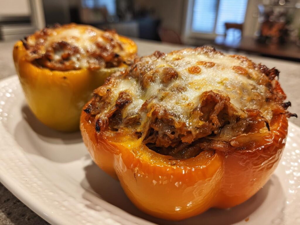 Two baked Cheesesteak Stuffed Peppers on a white plate, filled with savory cheesesteak and topped with melted cheese.
