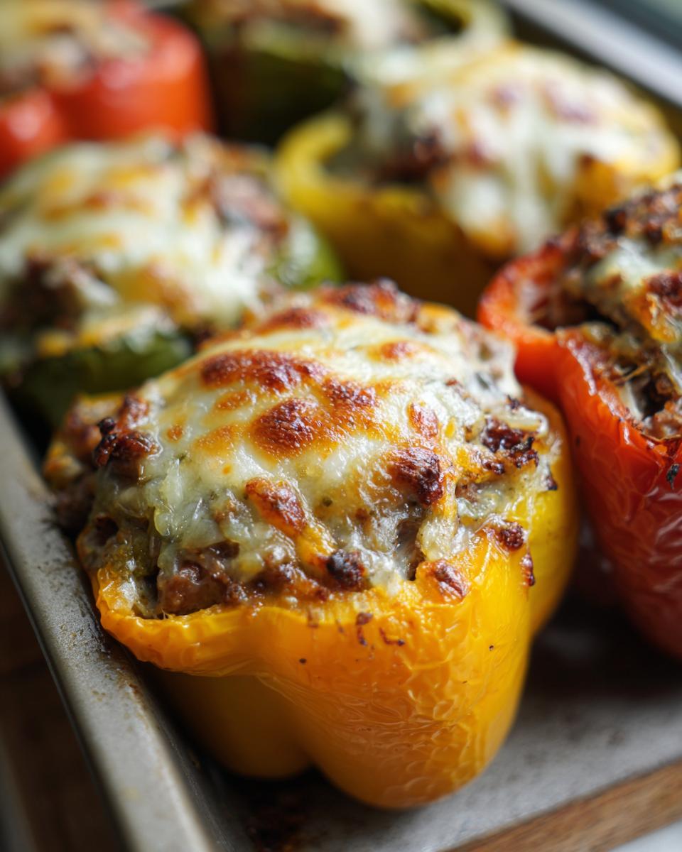 Close-up of baked Cheesesteak Stuffed Peppers with melted cheese and filling.
