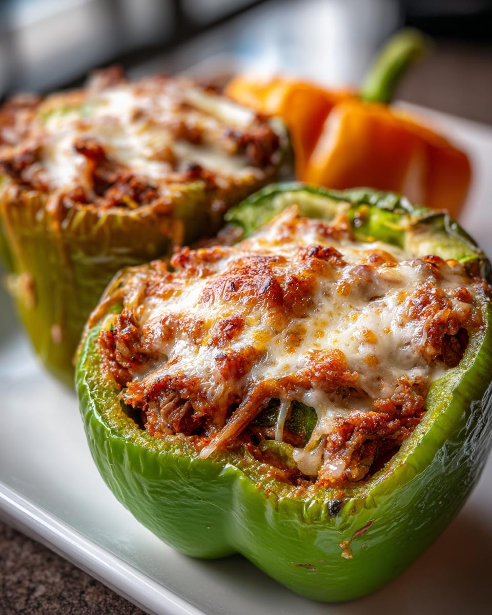 Close-up of Cheesesteak Stuffed Peppers, filled with meat and topped with melted cheese, on a white plate.
