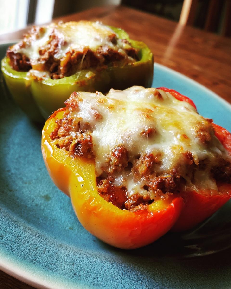 Close-up of two Cheesesteak Stuffed Peppers, baked with melted cheese, on a blue plate.