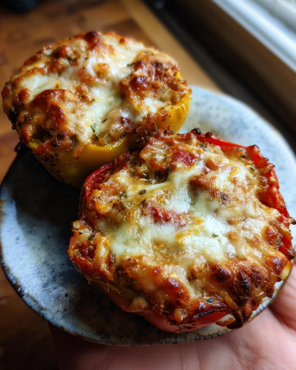 Close-up of two Cheesesteak Stuffed Peppers on a plate, topped with melted cheese.