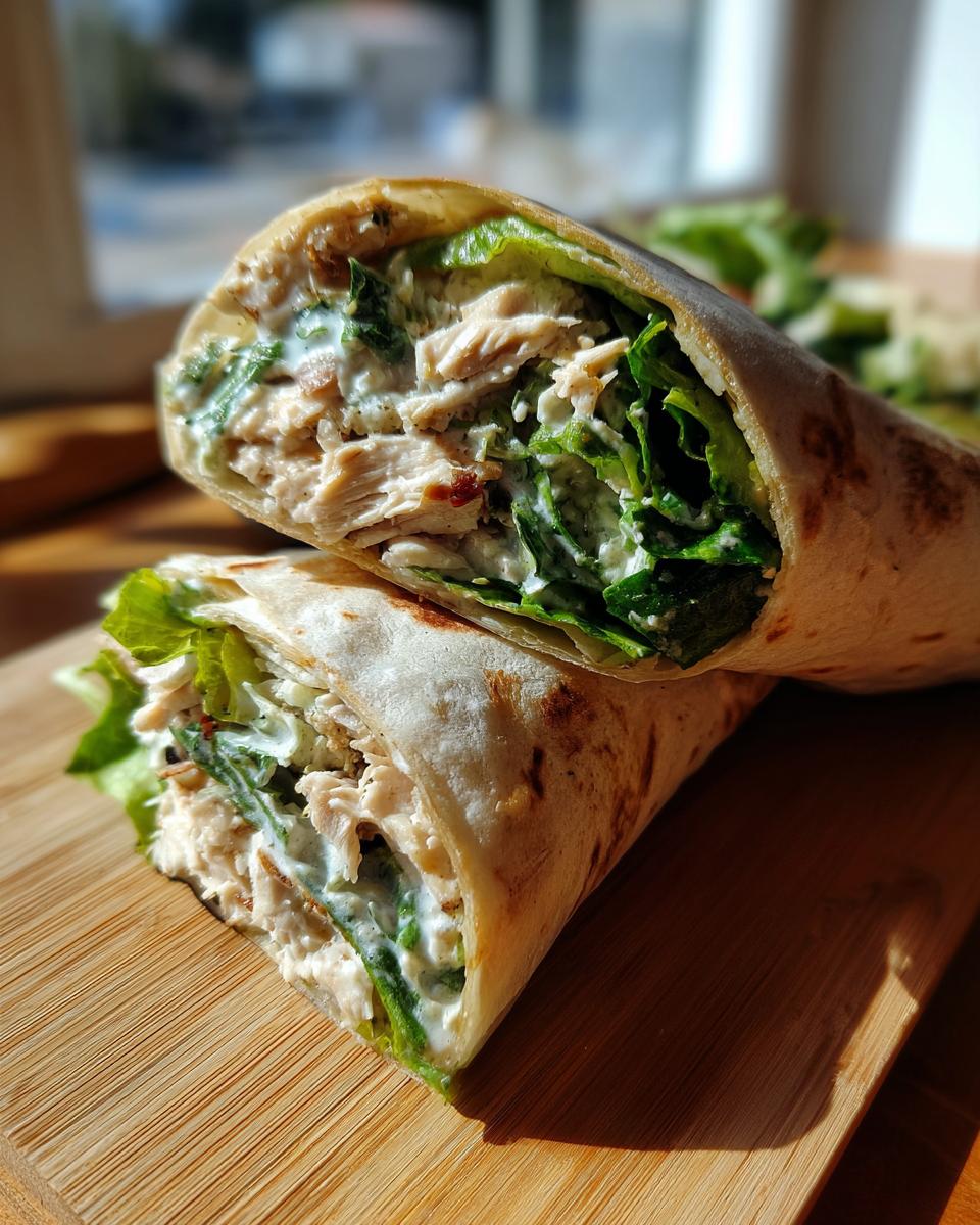 A halved Chicken Caesar Wrap showing chicken, lettuce, and Caesar dressing.