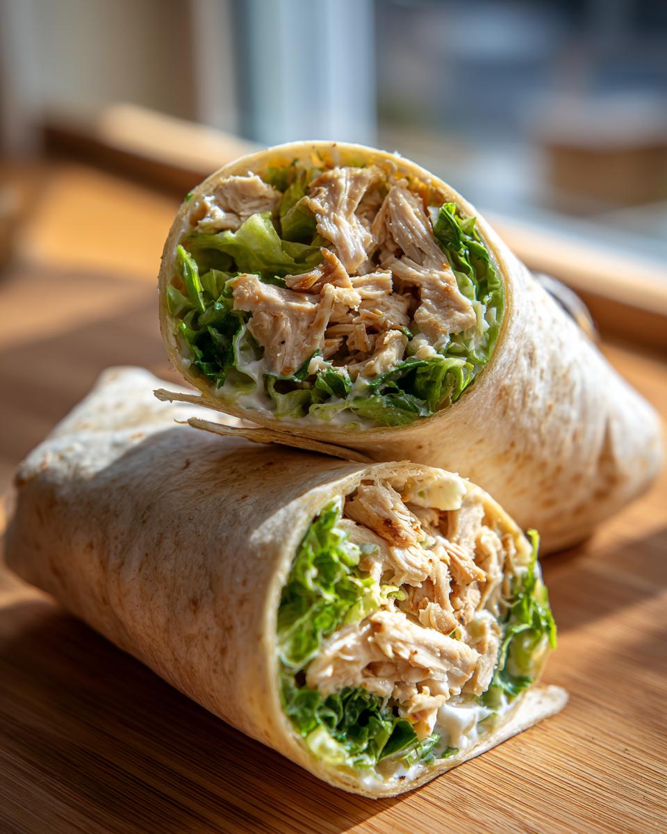 Close-up of a cut Chicken Caesar Wrap filled with chicken, lettuce, and Caesar dressing.