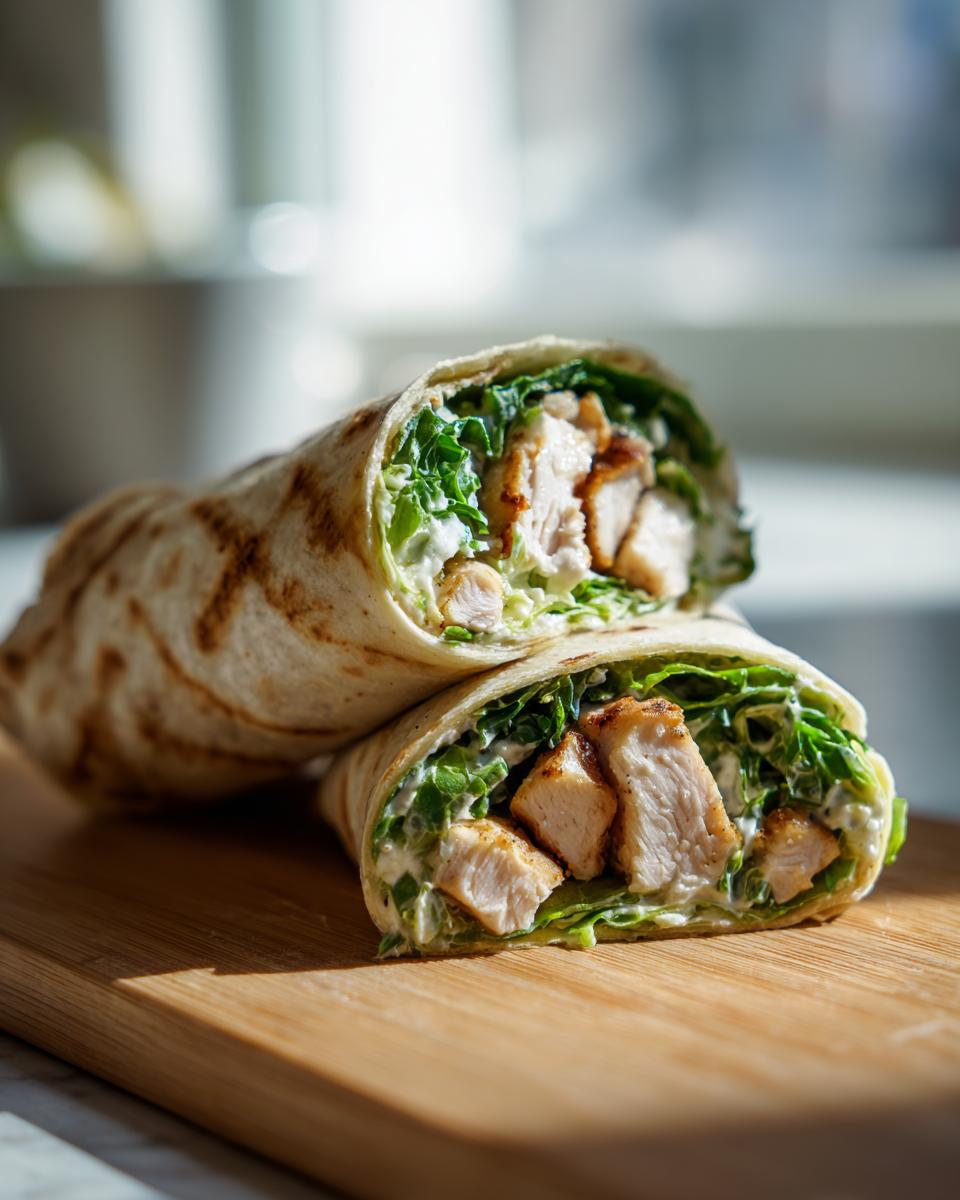 Close-up of a Chicken Caesar Wrap cut in half, showing chicken, lettuce, and Caesar dressing.