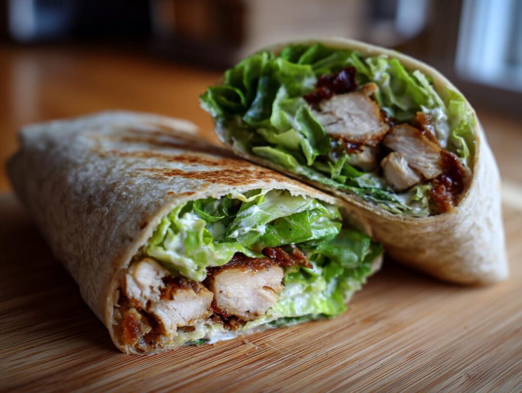 Close-up of a Chicken Caesar Wrap cut in half, showing chicken, lettuce, and sauce.