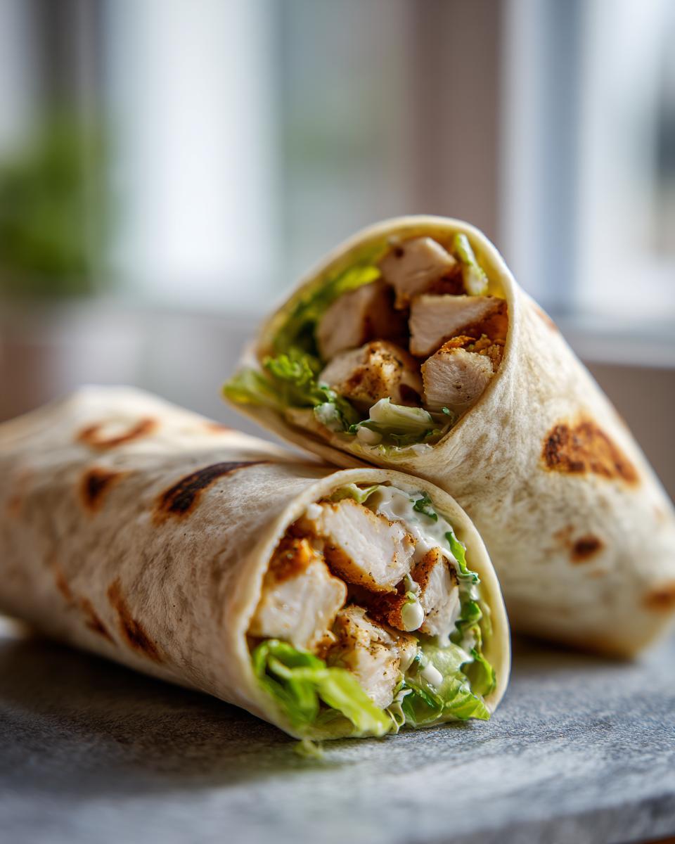 Close-up of a cut Chicken Caesar Wrap with chicken, lettuce, and Caesar dressing.