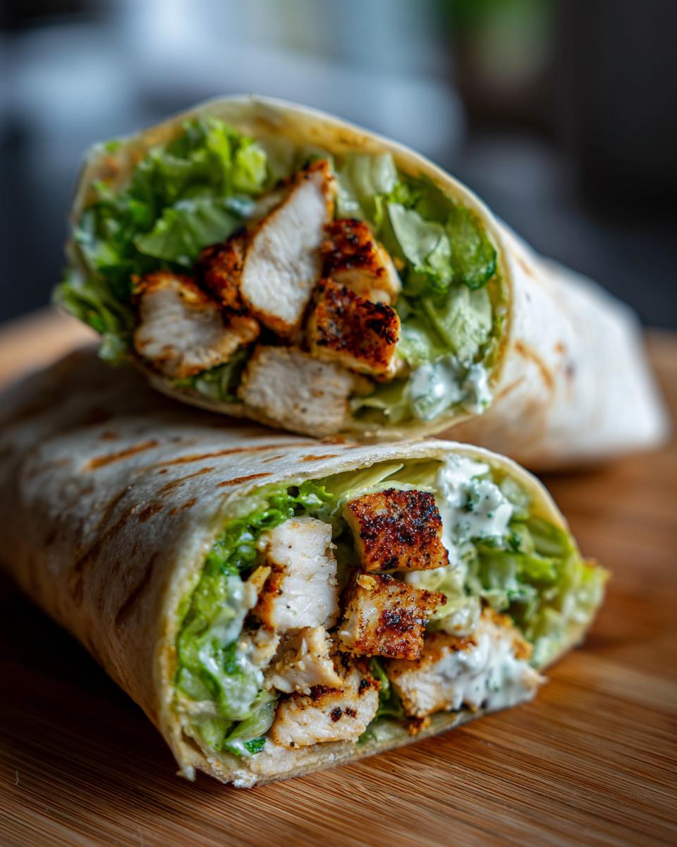 Close-up of a Chicken Caesar Wrap cut in half, showing chicken, lettuce, and dressing.