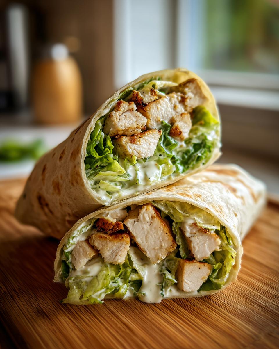 Close-up of a Chicken Caesar Wrap cut in half, showing chicken, lettuce, and dressing.