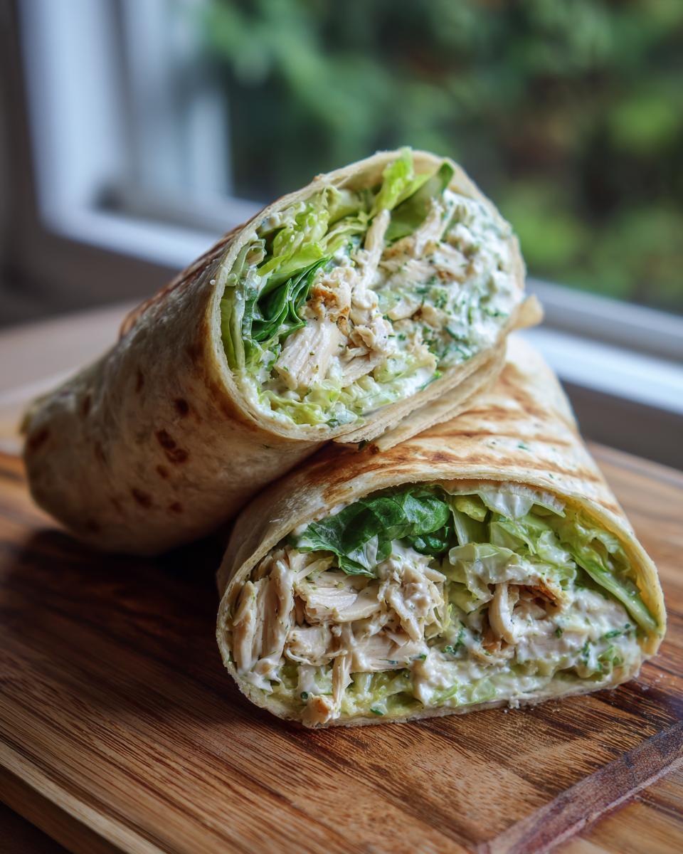 Close-up of a Chicken Caesar Wrap cut in half, showing chicken, lettuce, and Caesar dressing.