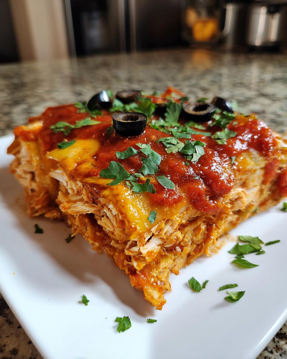 Close-up of a slice of Chicken Stacked Enchiladas, topped with sauce, olives, and parsley.