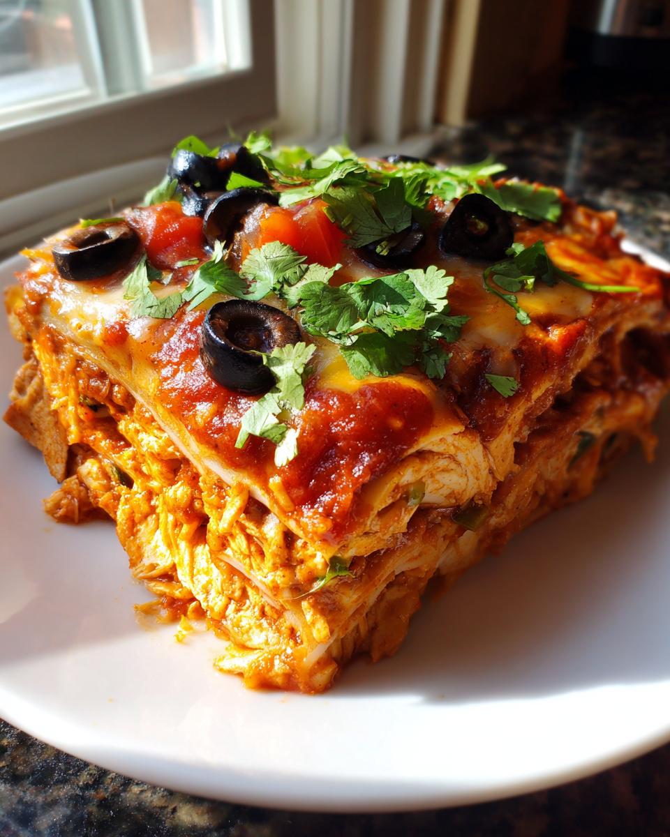 A slice of Chicken Stacked Enchiladas on a white plate, topped with olives and cilantro.