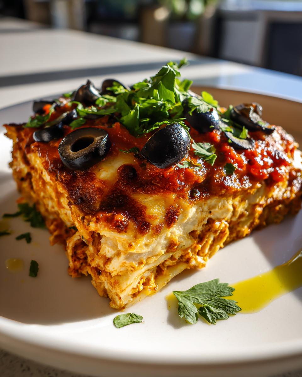 A slice of delicious Chicken Stacked Enchiladas topped with olives and fresh herbs.