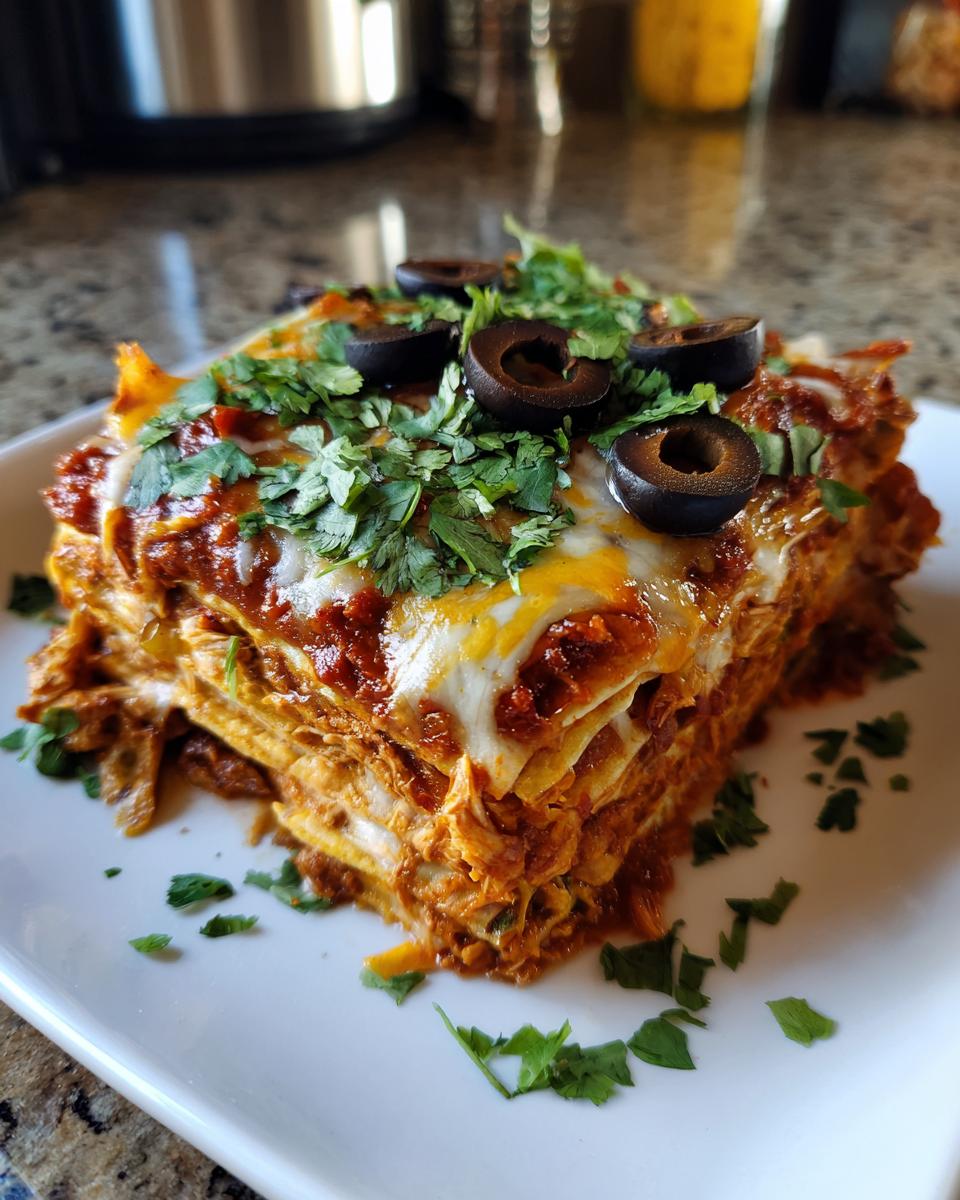 A slice of Chicken Stacked Enchiladas on a white plate, topped with olives and cilantro.