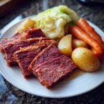 A plate of Corned Beef with Cabbage, carrots, and potatoes.