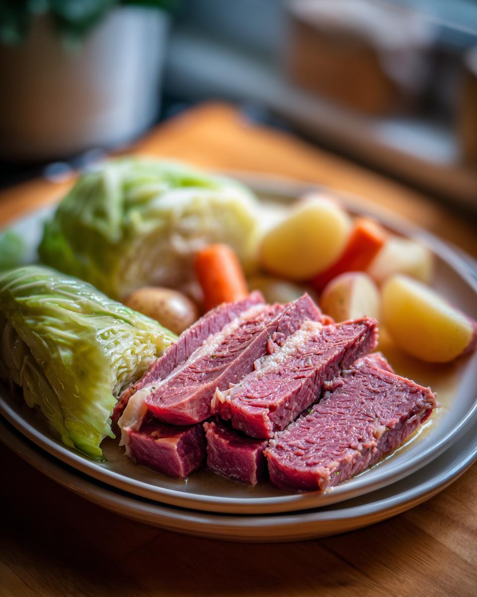 A plate of Corned Beef with Cabbage, potatoes, and carrots.
