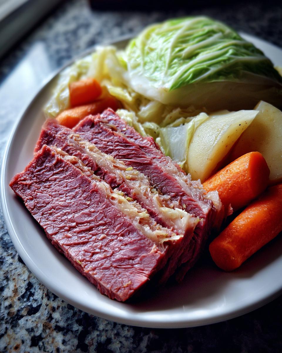 Plate of Corned Beef with Cabbage, carrots, and potatoes, a classic Irish-American meal.