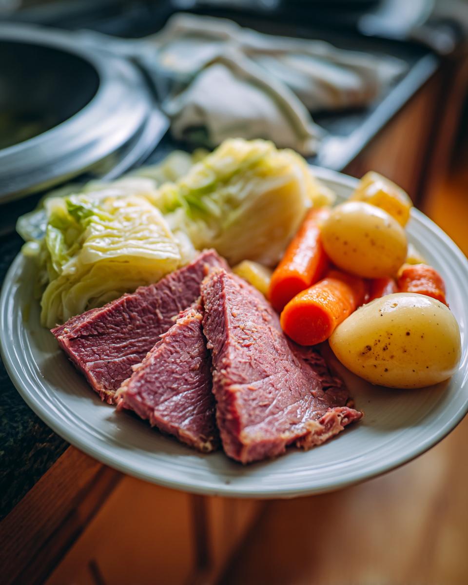 A plate of Corned Beef with Cabbage, carrots, and potatoes.
