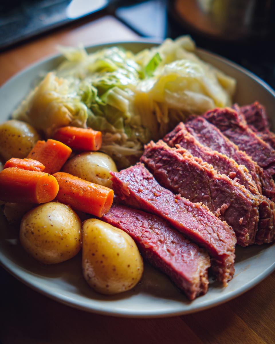 A plate of Corned Beef with Cabbage, carrots, and potatoes.
