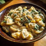 Close-up of a bowl of Cream Cheese Pasta with Corn and Spinach, creamy and delicious.