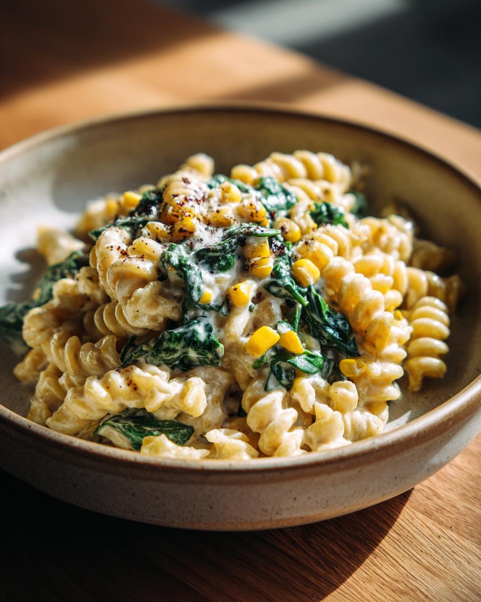 Close-up of Cream Cheese Pasta with Corn and Spinach in a bowl, a delicious and easy recipe.
