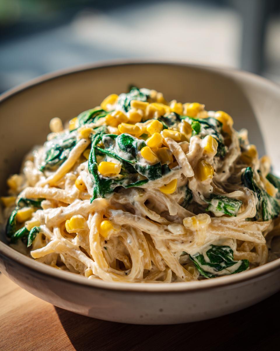 Close-up of Cream Cheese Pasta with Corn and Spinach in a bowl, a delicious and easy recipe.