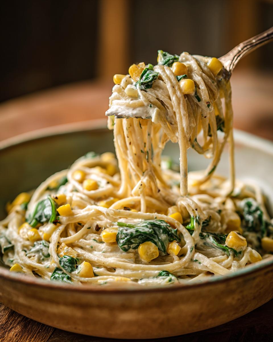 Close-up of Cream Cheese Pasta with Corn and Spinach, a delicious and easy recipe.