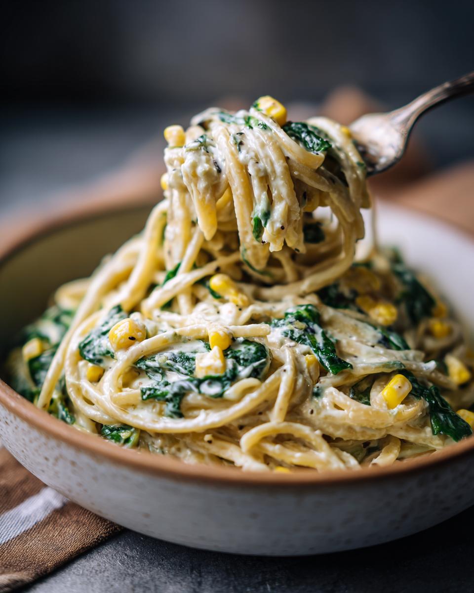 Close-up of Cream Cheese Pasta with Corn and Spinach in a bowl, with pasta on a fork.