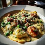 Close-up of Creamy Asparagus Ravioli with sausage, peas, and a creamy sauce, garnished with herbs.