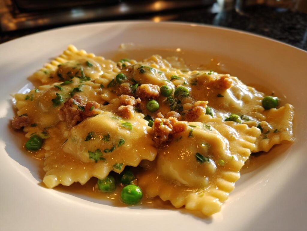 Close-up of Creamy Asparagus Ravioli with sausage and peas on a white plate.