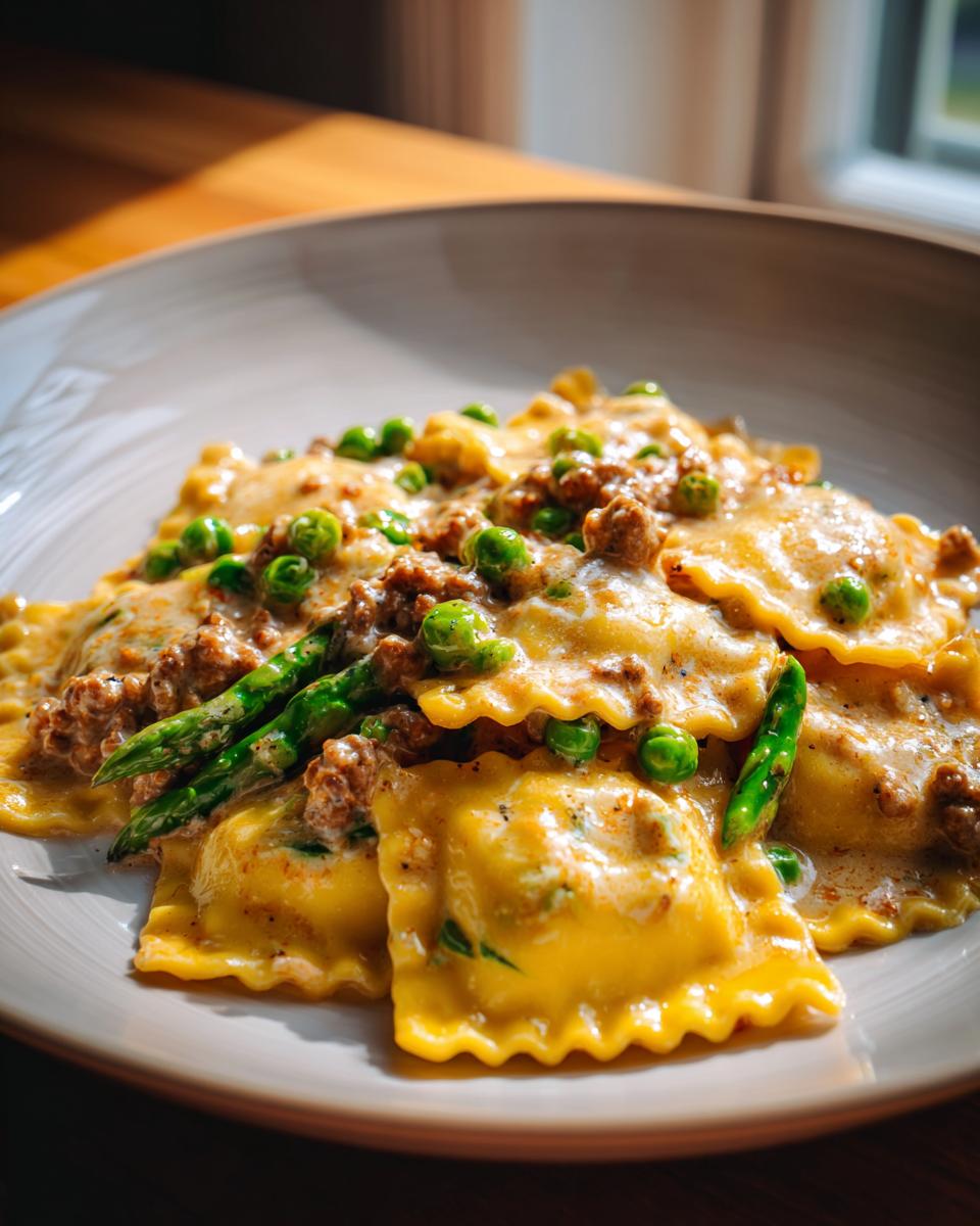 Close-up of Creamy Asparagus Ravioli with sausage, peas, and asparagus on a white plate.