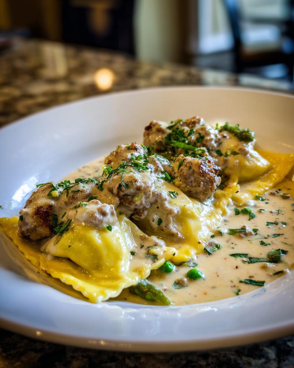 Close-up of Creamy Asparagus Ravioli with sausage, peas, and creamy sauce.
