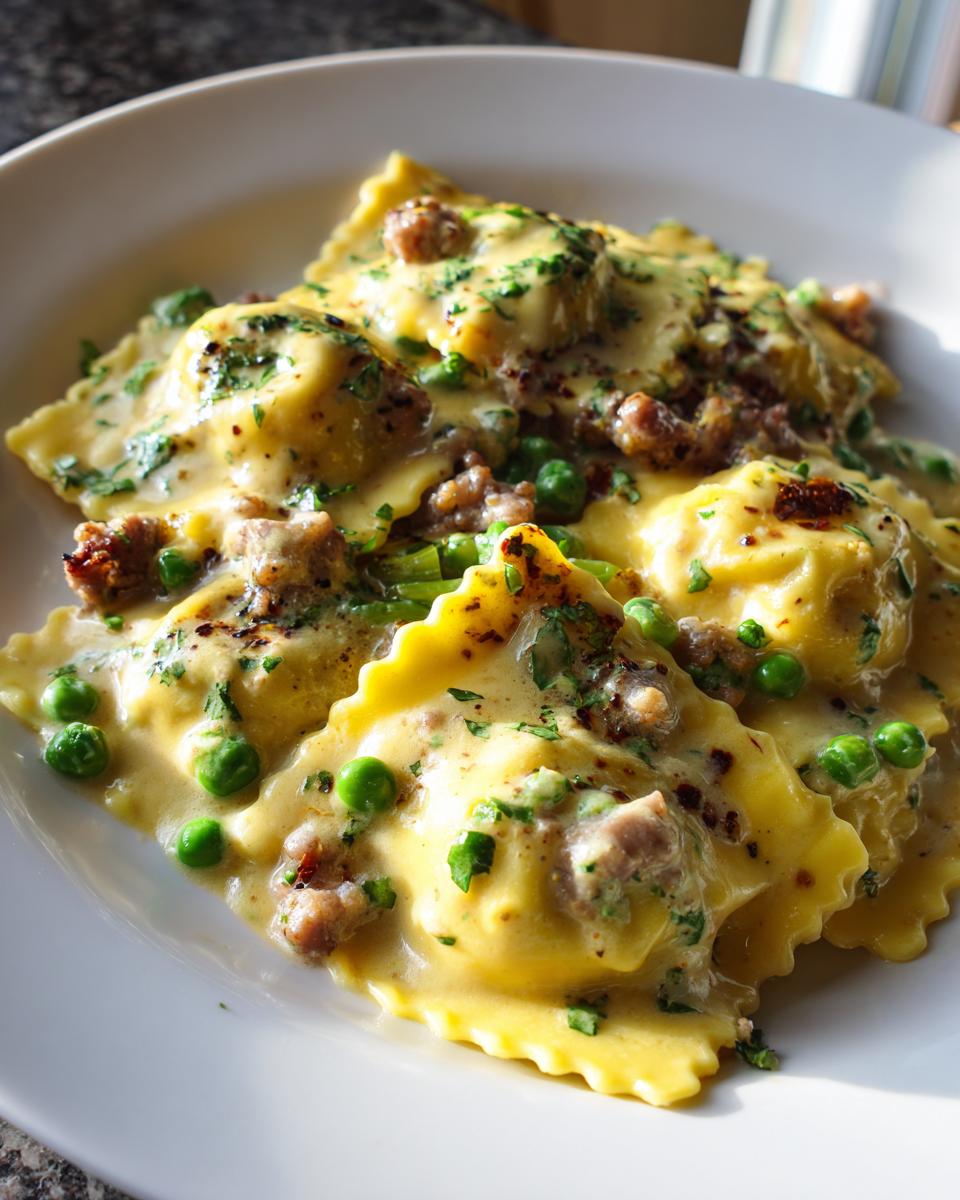 Close-up of Creamy Asparagus Ravioli with sausage, peas, and a creamy sauce on a white plate.