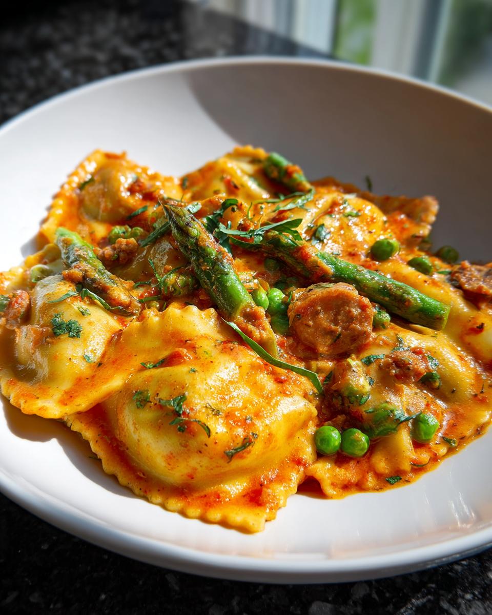 Close-up of Creamy Asparagus Ravioli with sausage, peas, and fresh herbs.