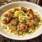 Close-up of Creamy Lemon Dill Chicken in a white bowl, garnished with lemon slices and fresh dill.