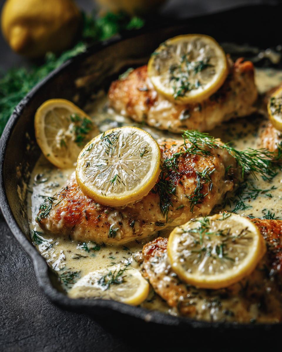 Close-up of Creamy Lemon Dill Chicken in a skillet, garnished with lemon slices and fresh dill.