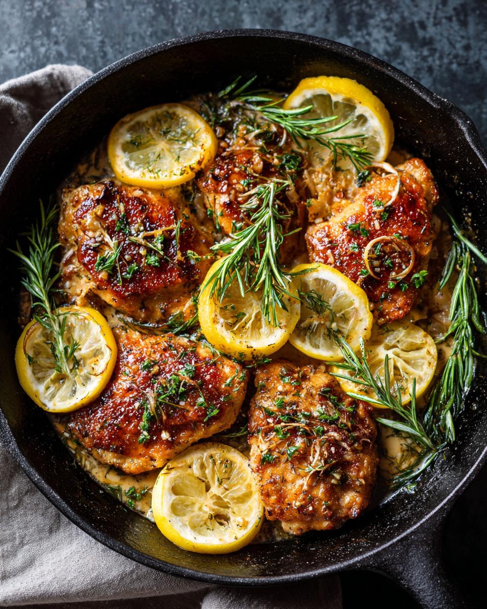 Overhead shot of Creamy Lemon Dill Chicken in a skillet, garnished with lemon slices and herbs.