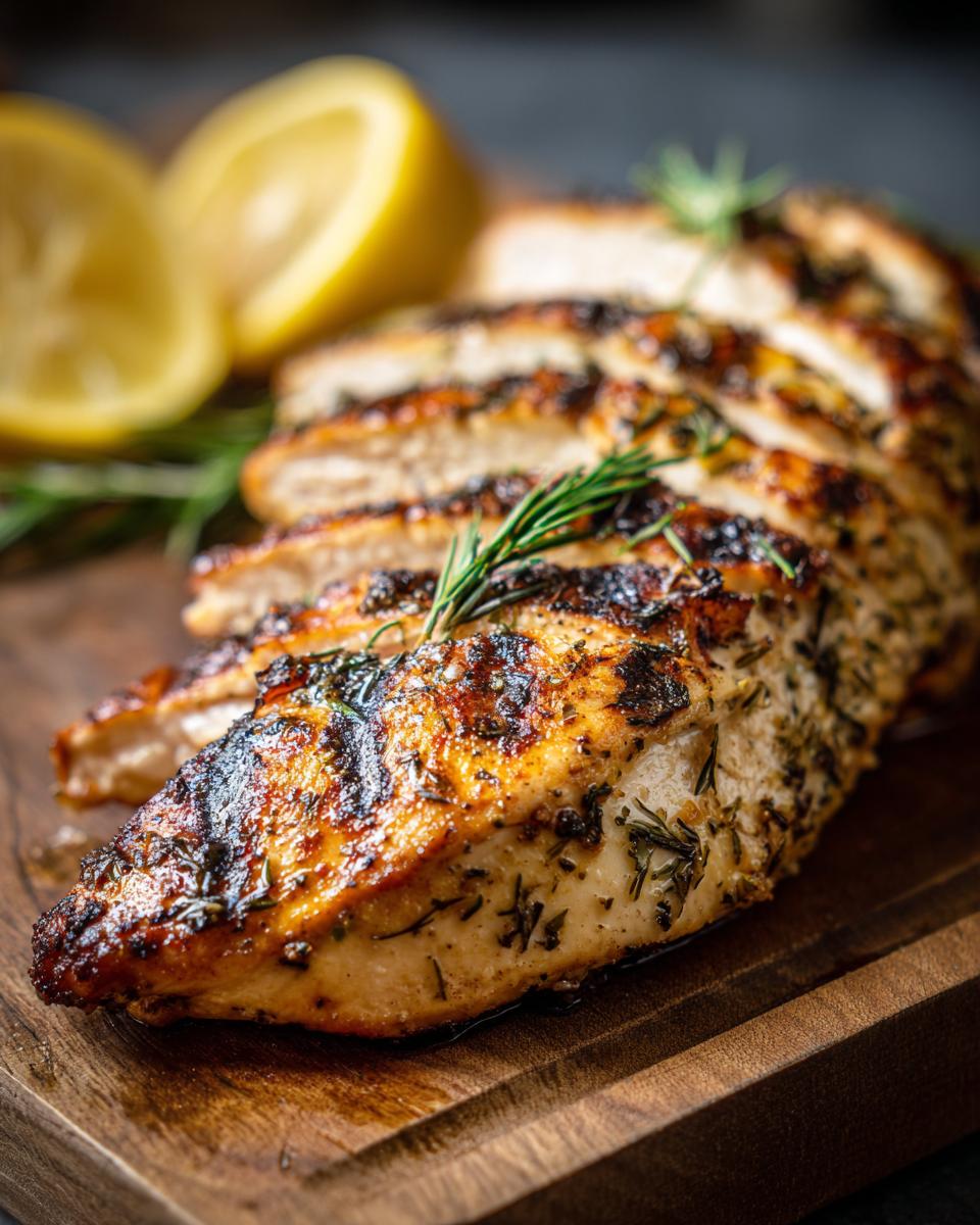 Sliced Creamy Lemon Dill Chicken, garnished with herbs and lemon slices, on a wooden cutting board.
