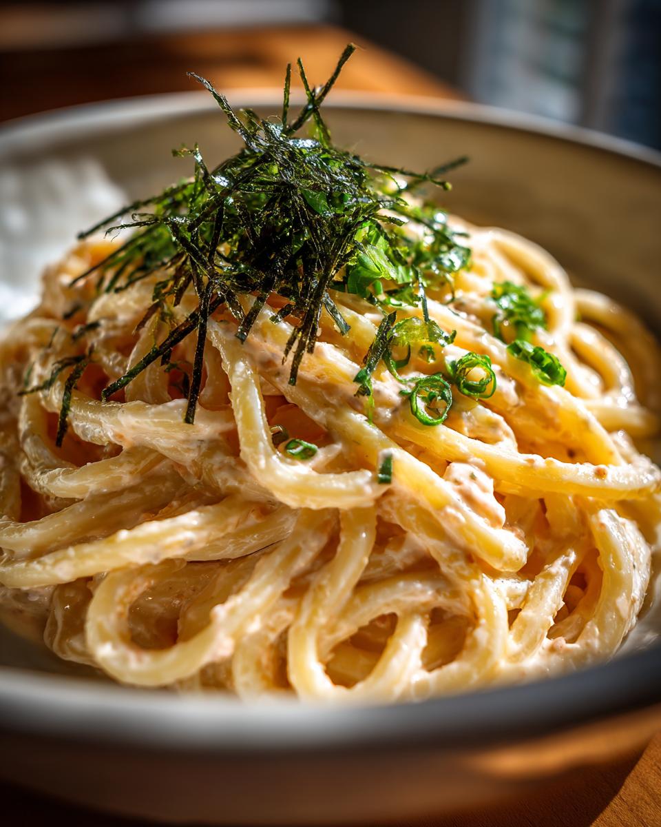 Close-up of a bowl of Creamy Mentaiko Udon, a Japanese noodle dish, with seaweed garnish.