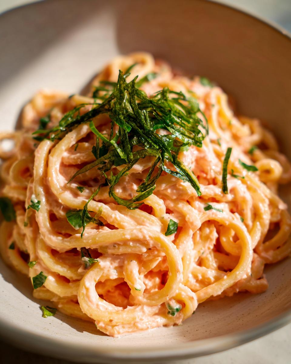 Close-up of Creamy Mentaiko Udon, a Japanese noodle dish with salty fish roe sauce and seaweed garnish.